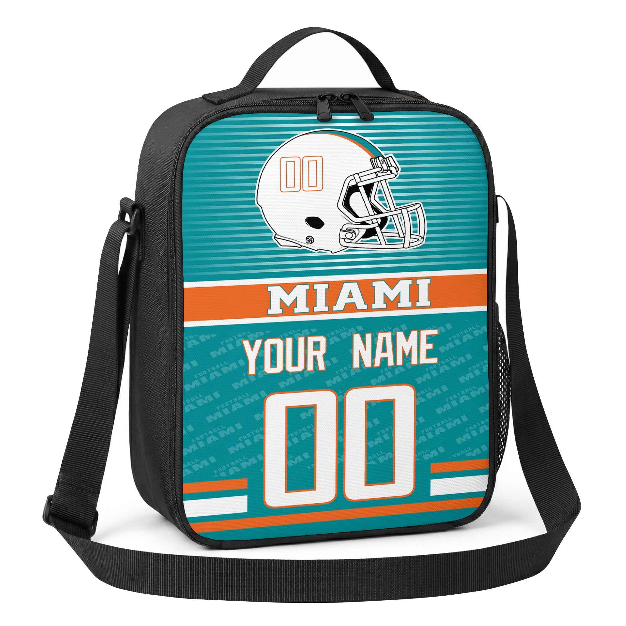 Miami teal orange and white striped helmet football shoulder bag angled front view with city stripe and custom name number