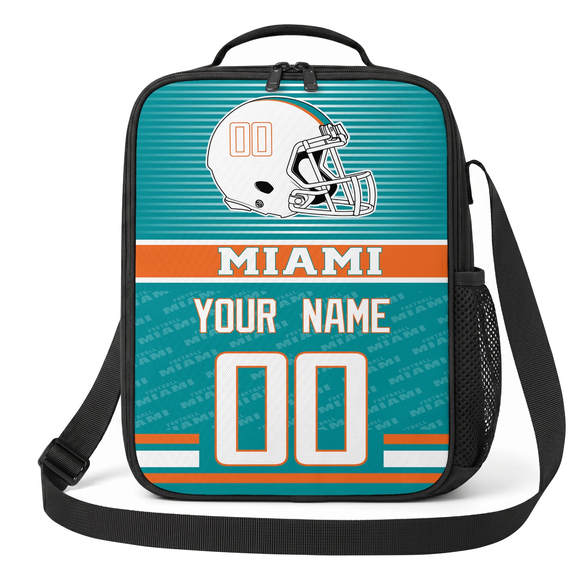 Miami teal orange and white striped helmet football shoulder bag alternate angled view with side mesh pocket top handle and shoulder strap