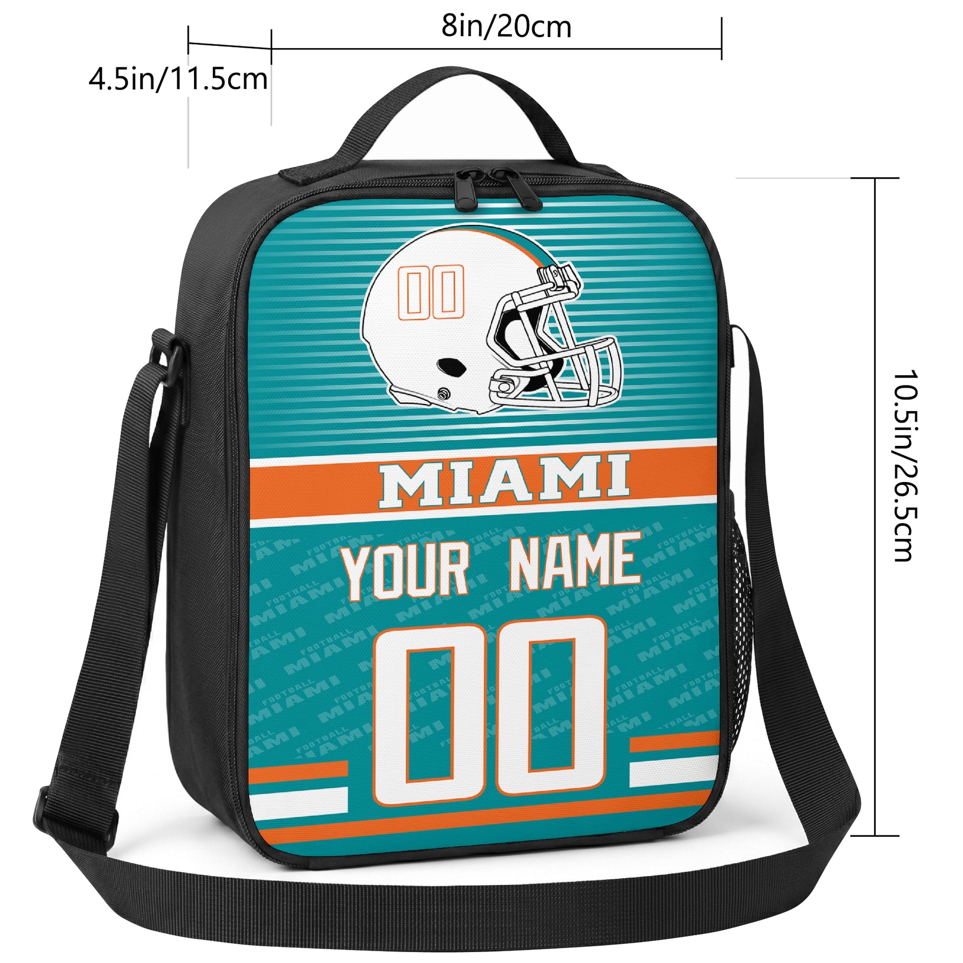 Miami striped helmet football shoulder bag size guide showing 8 inch width 4.5 inch depth and 10.5 inch height