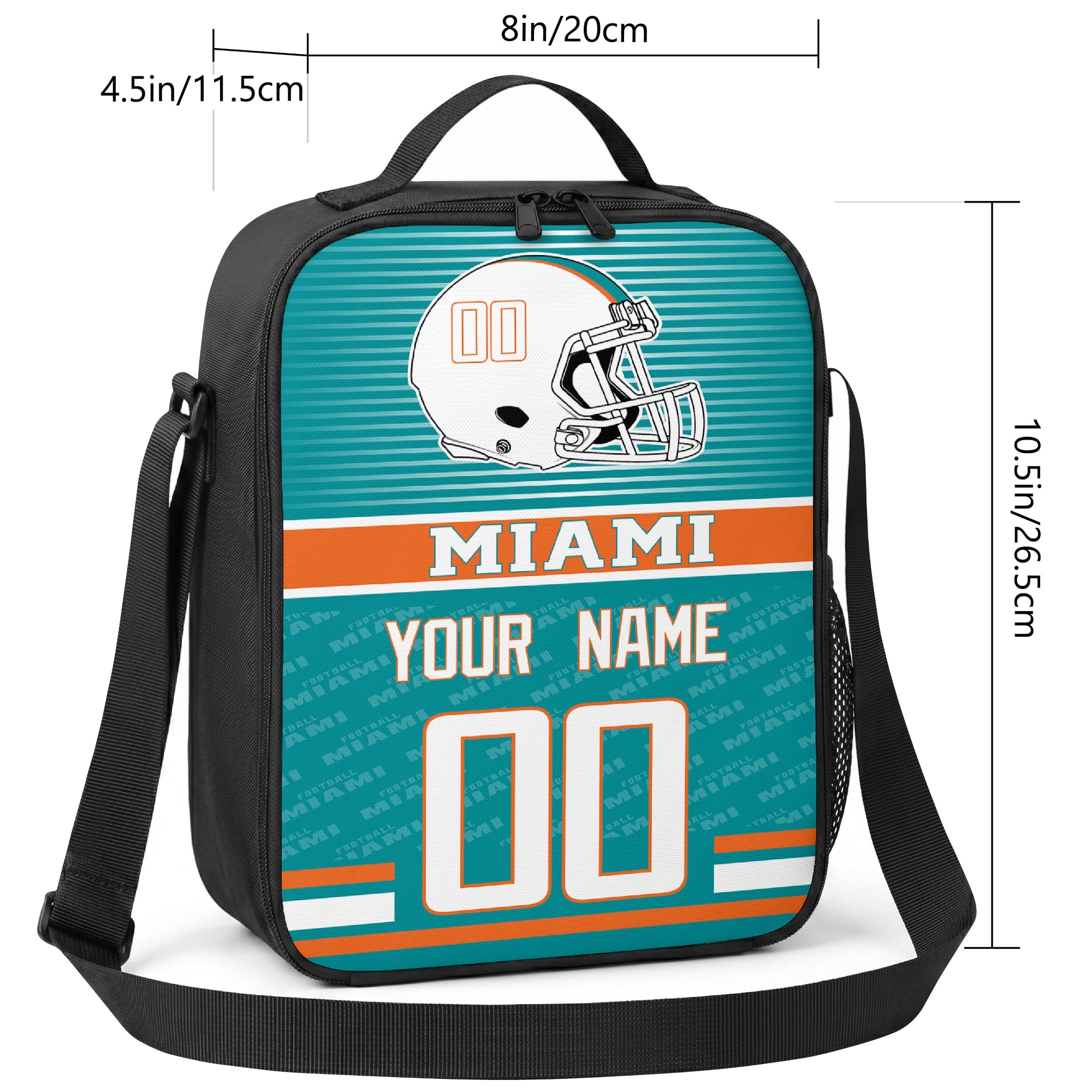 Miami striped helmet football shoulder bag size guide showing 8 inch width 4.5 inch depth and 10.5 inch height