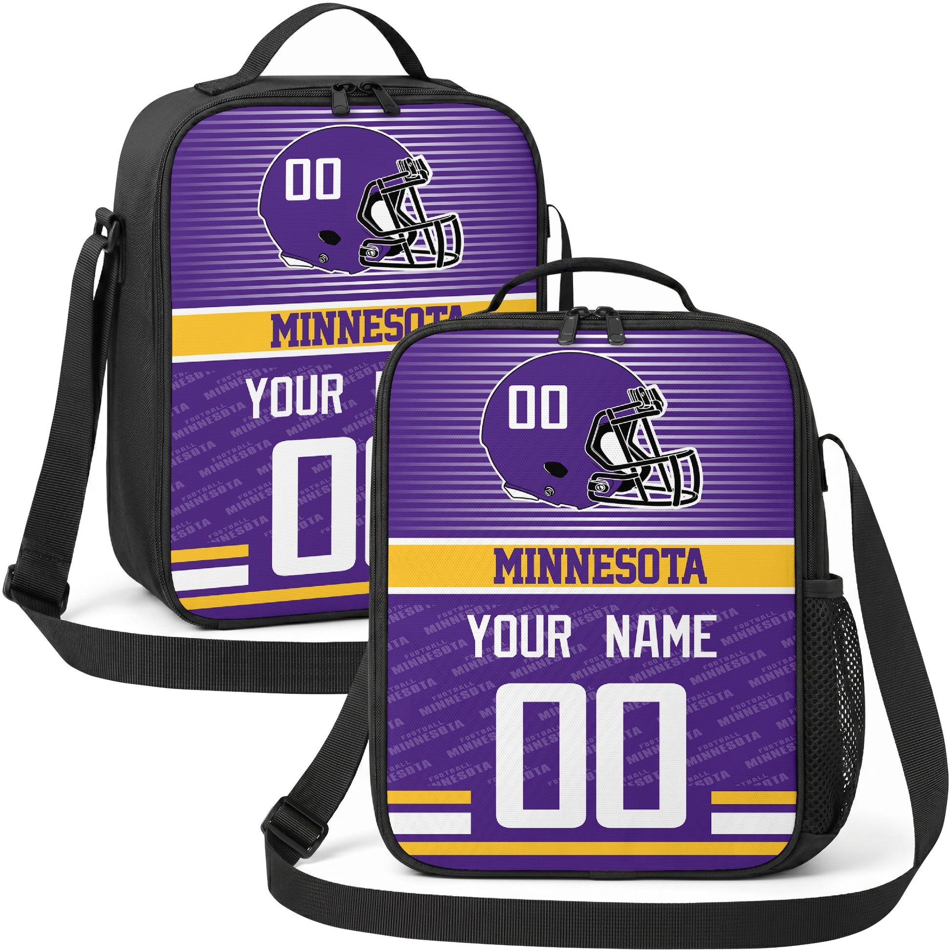 Minnesota personalized striped helmet football shoulder bag in purple gold and white showing front and angled views with custom name and number