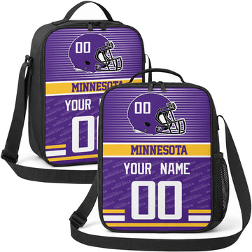 Minnesota personalized striped helmet football shoulder bag in purple gold and white showing front and angled views with custom name and number