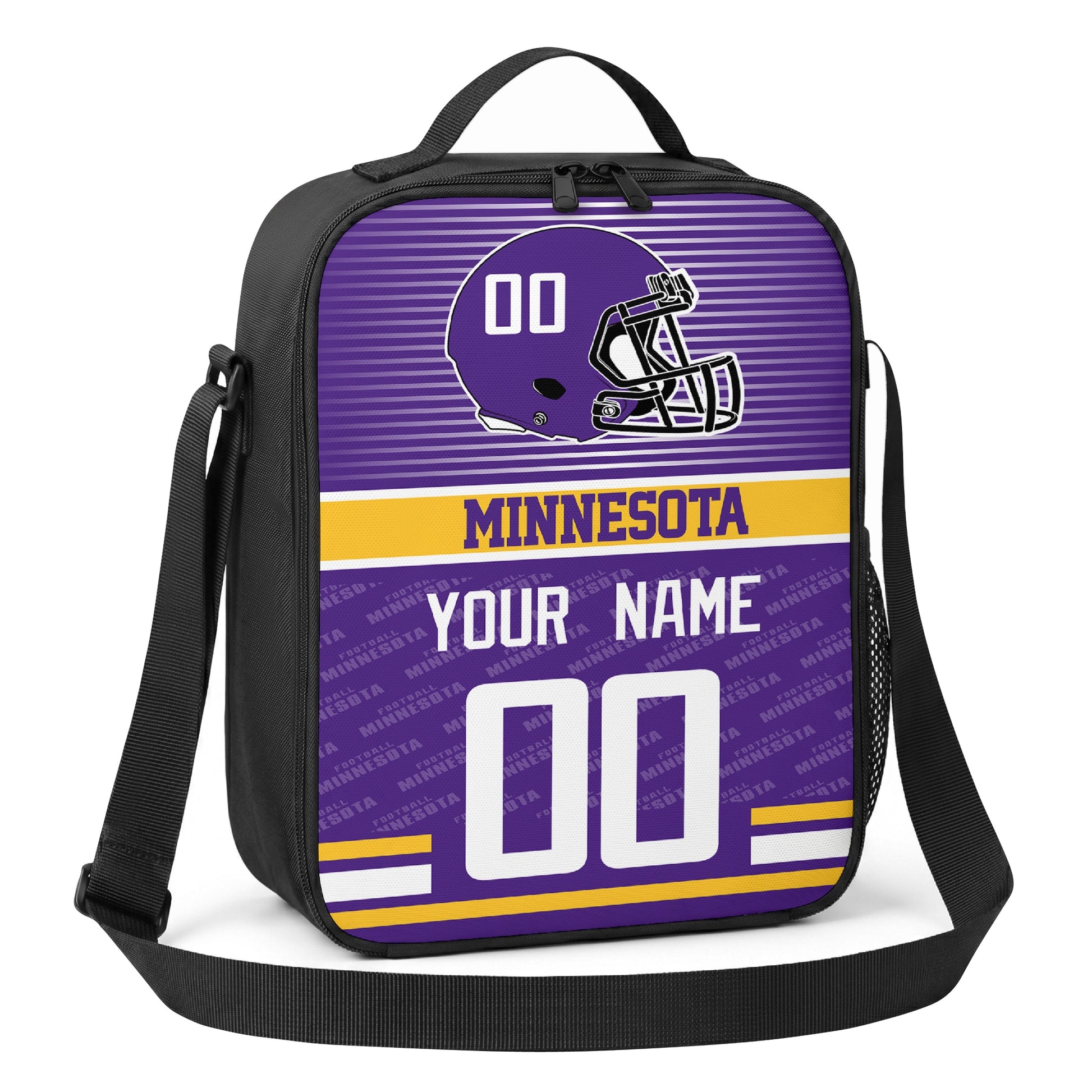 Minnesota purple gold and white striped helmet football shoulder bag angled front view with city stripe and custom name number