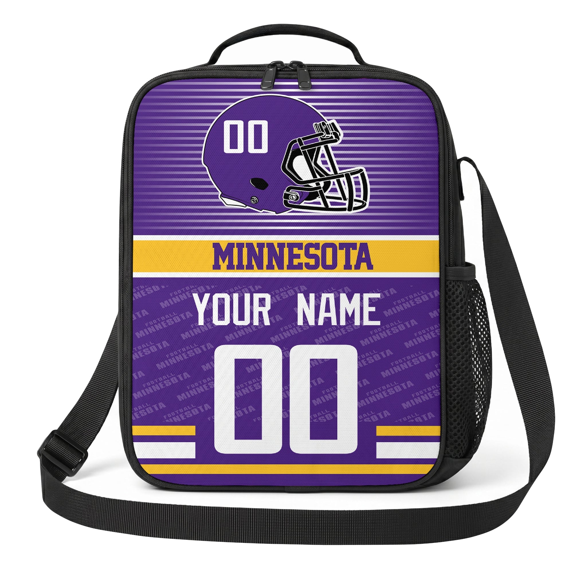 Minnesota purple gold and white striped helmet football shoulder bag alternate angled view with side mesh pocket top handle and shoulder strap