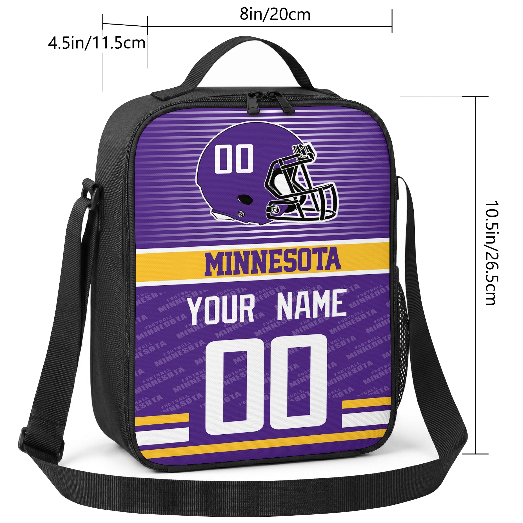 Minnesota striped helmet football shoulder bag size guide showing 8 inch width 4.5 inch depth and 10.5 inch height
