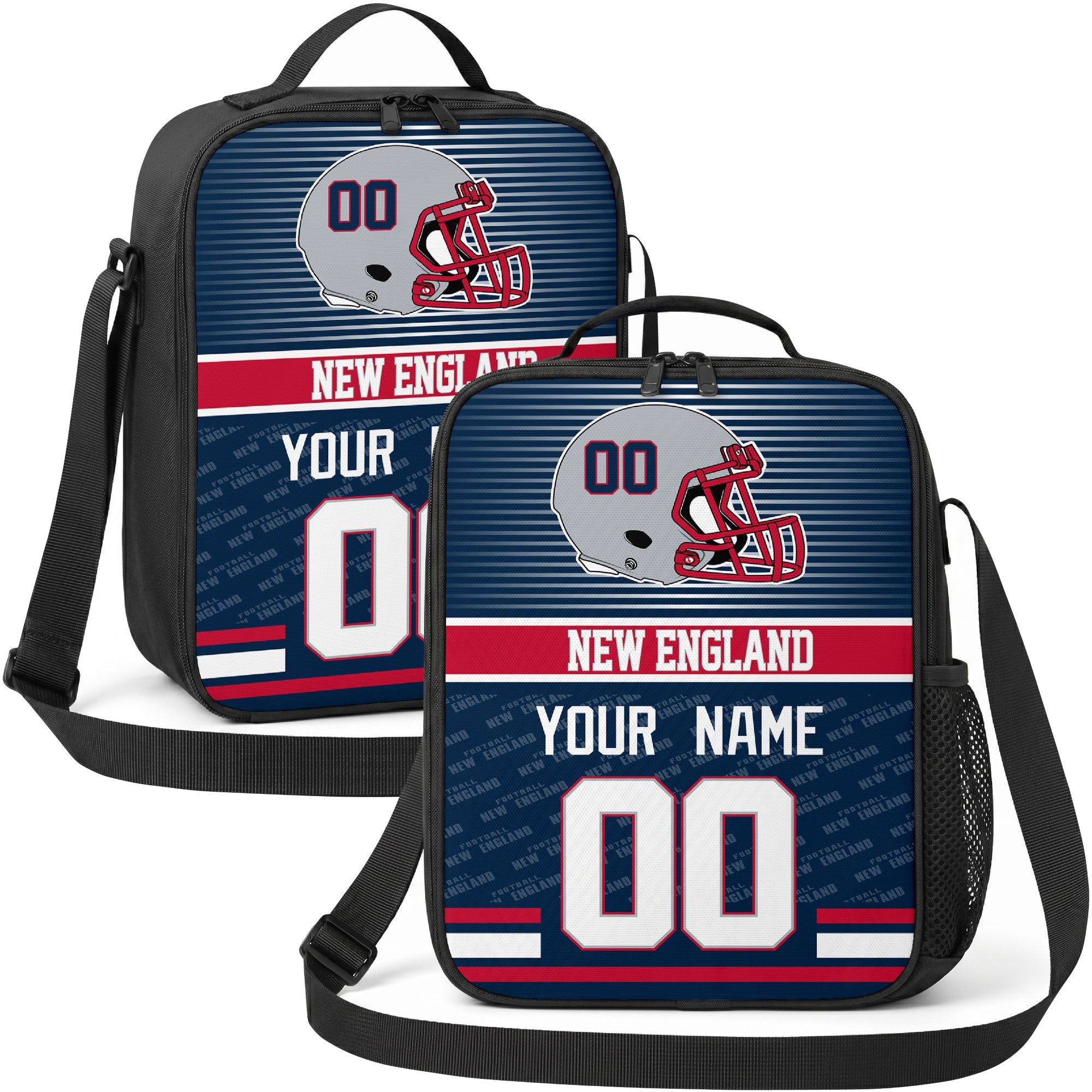 New England personalized striped helmet football shoulder bag in navy red and silver showing front and angled views with custom name and number