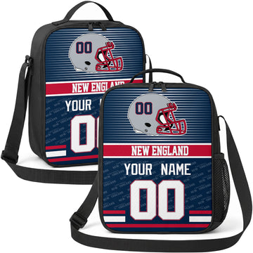 New England personalized striped helmet football shoulder bag in navy red and silver showing front and angled views with custom name and number