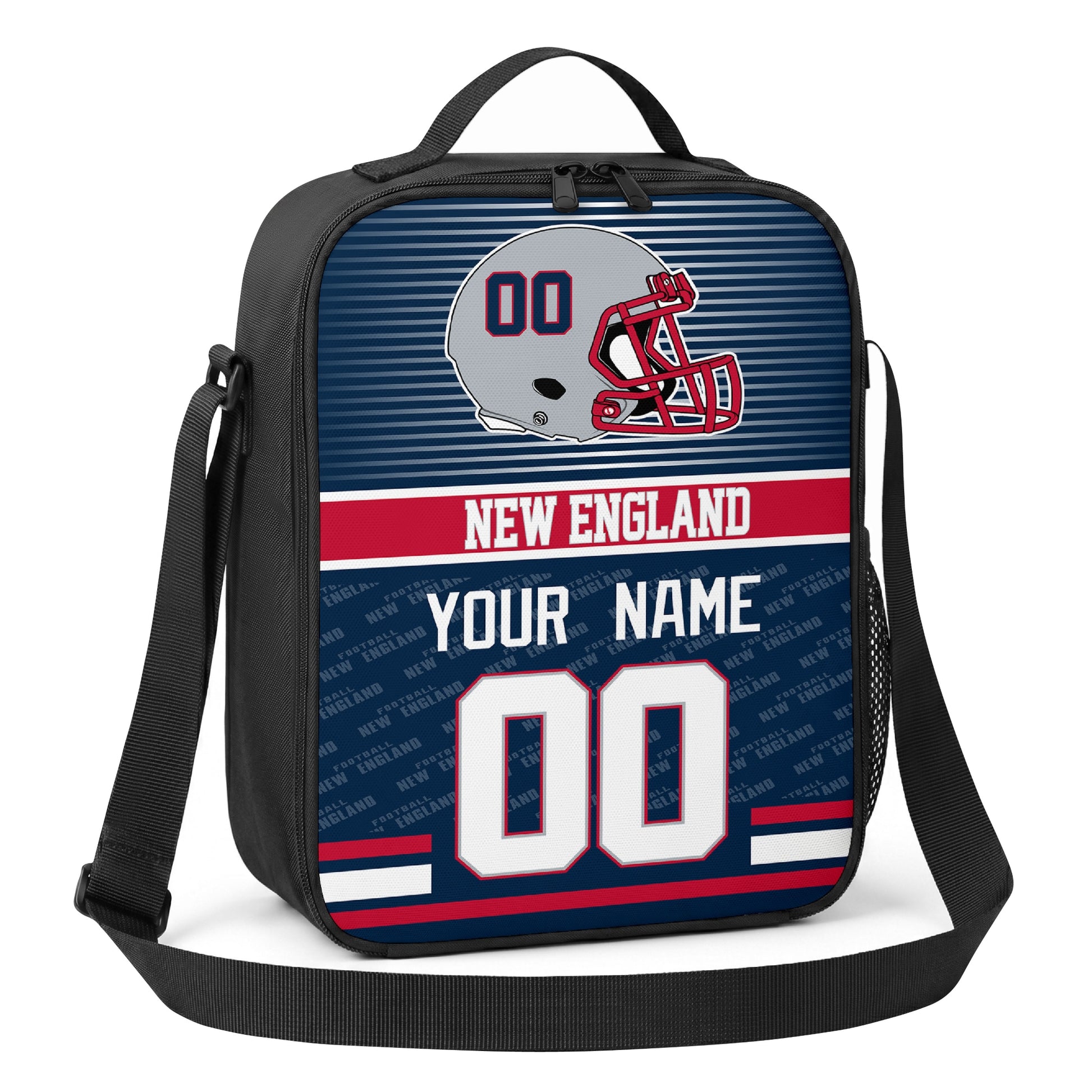 New England navy red and silver striped helmet football shoulder bag angled front view with city stripe and custom name number