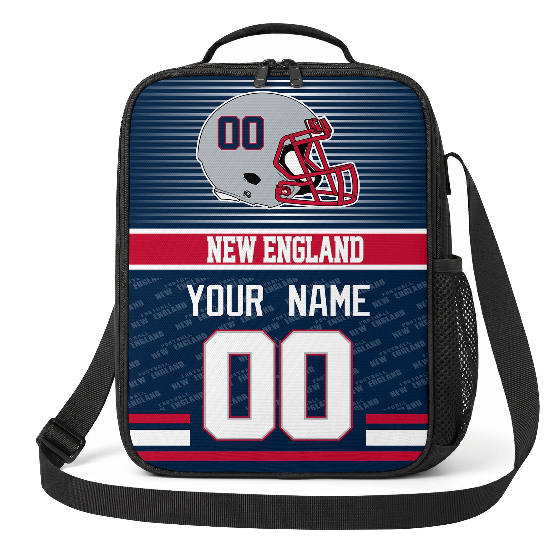 New England navy red and silver striped helmet football shoulder bag alternate angled view with side mesh pocket top handle and shoulder strap