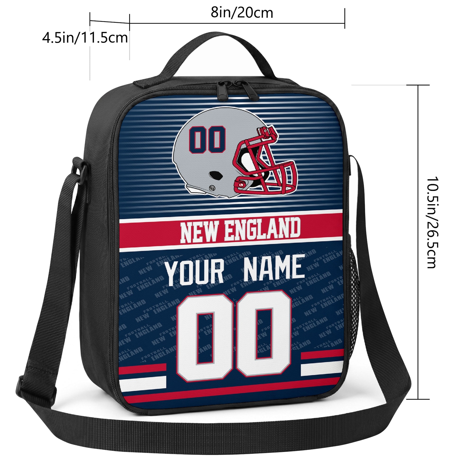 New England striped helmet football shoulder bag size guide showing 8 inch width 4.5 inch depth and 10.5 inch height