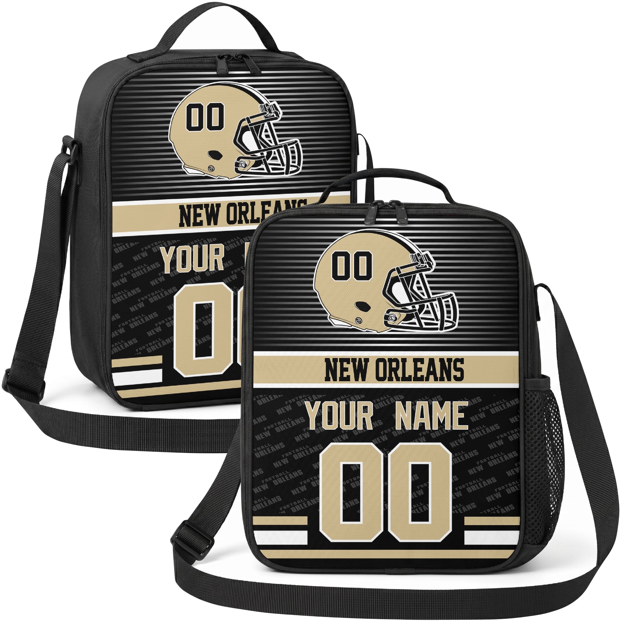 New Orleans personalized striped helmet football shoulder bag in black gold and cream showing front and angled views with custom name and number