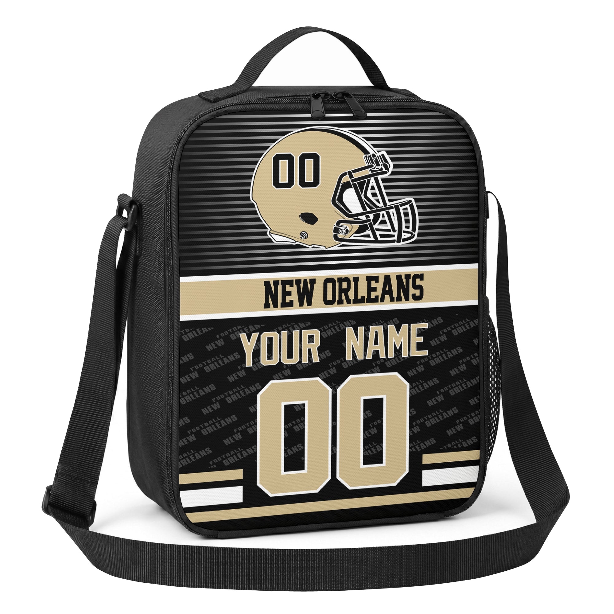 New Orleans black gold and cream striped helmet football shoulder bag angled front view with city stripe and custom name number