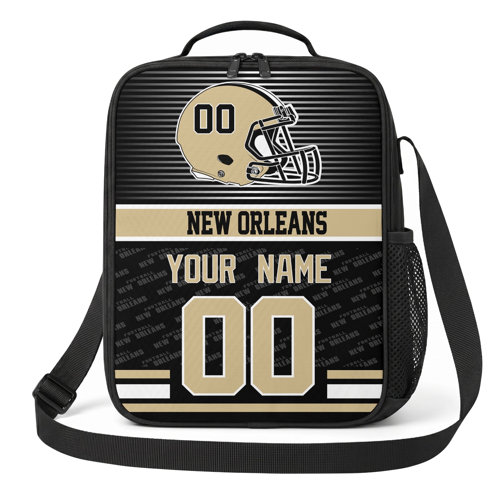 New Orleans black gold and cream striped helmet football shoulder bag alternate angled view with side mesh pocket top handle and shoulder strap