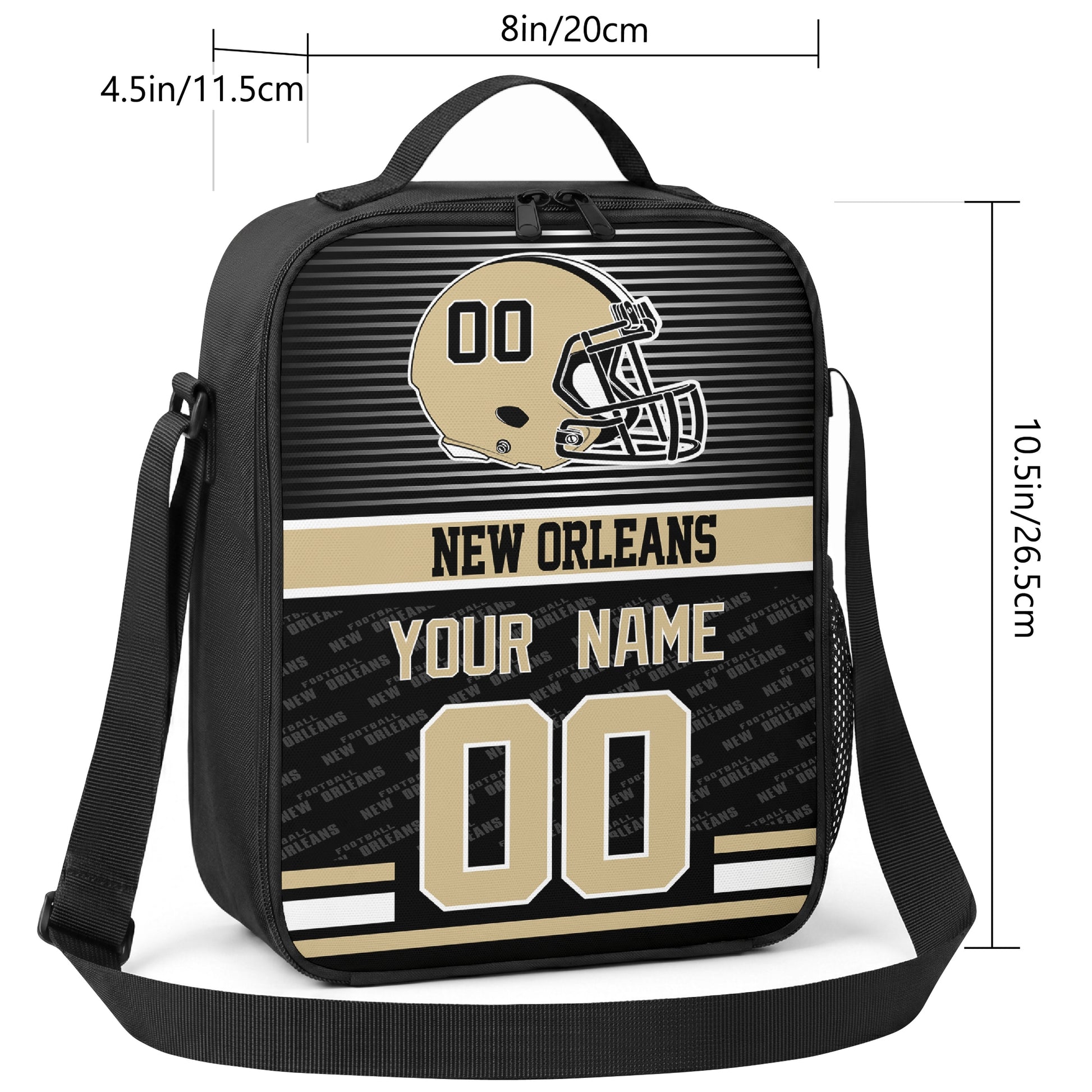 New Orleans striped helmet football shoulder bag size guide showing 8 inch width 4.5 inch depth and 10.5 inch height
