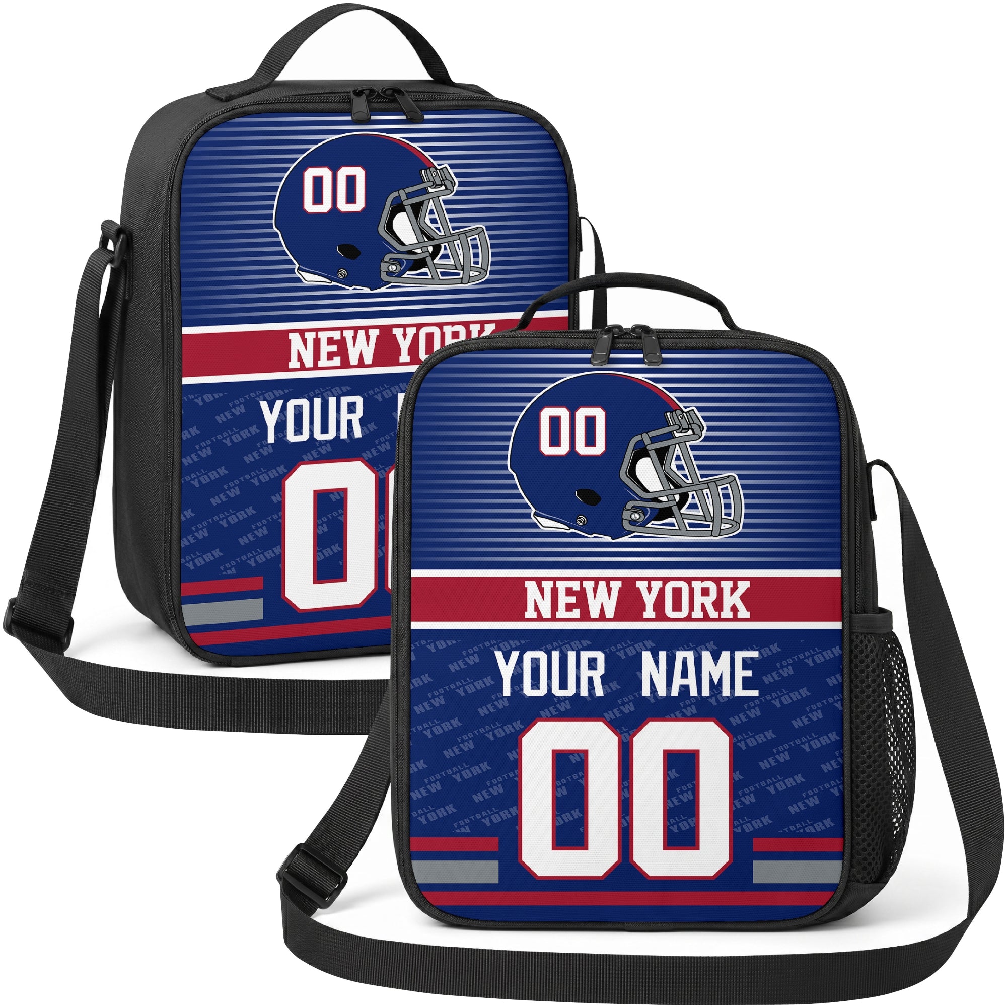 New York personalized striped helmet football shoulder bag in blue red and white showing front and angled views with custom name and number