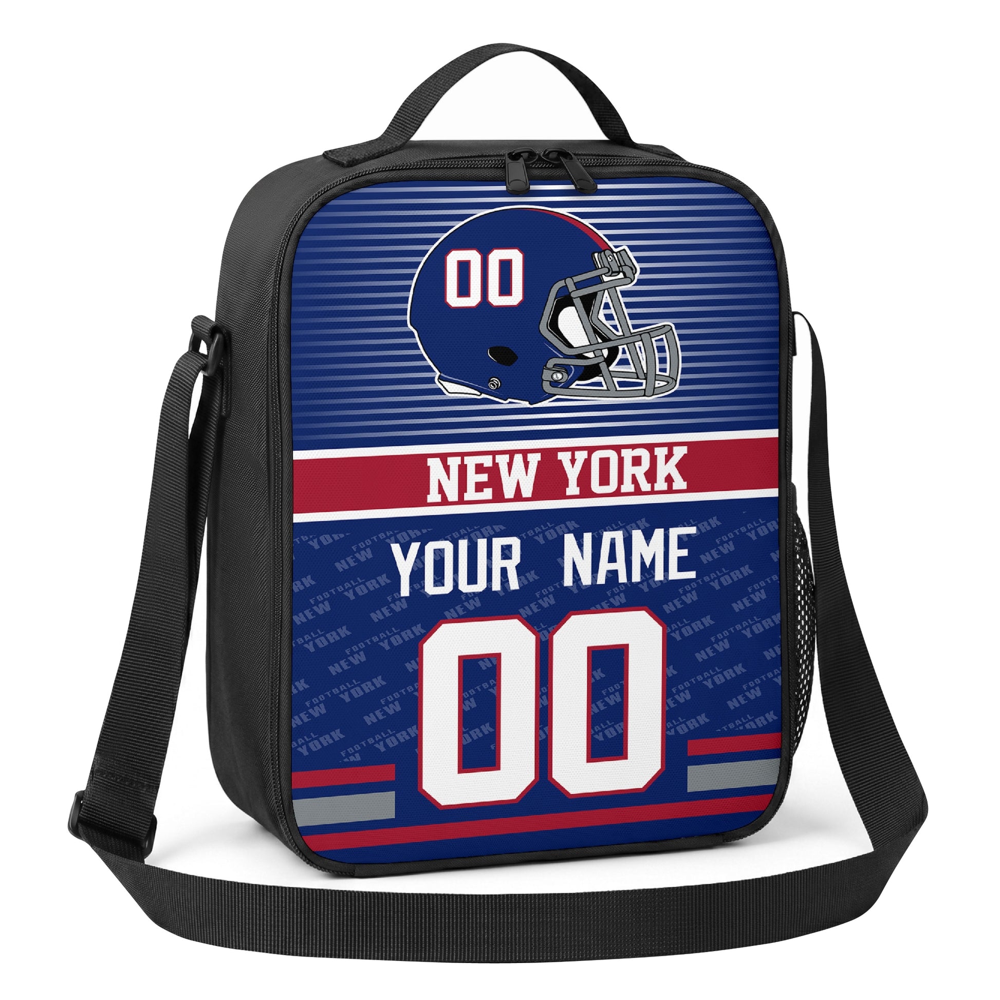 New York blue red and white striped helmet football shoulder bag angled front view with city stripe and custom name number