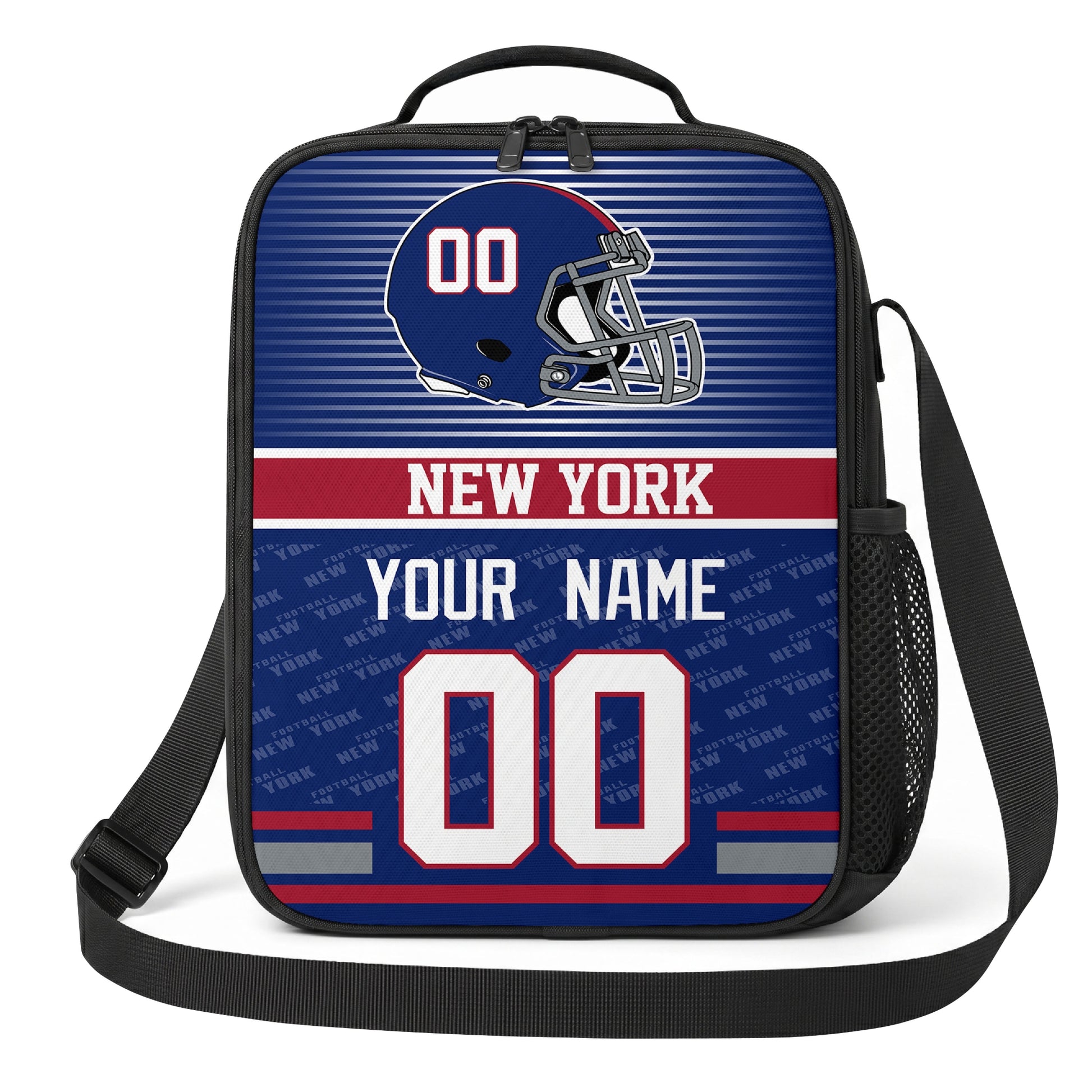 New York blue red and white striped helmet football shoulder bag alternate angled view with side mesh pocket top handle and shoulder strap