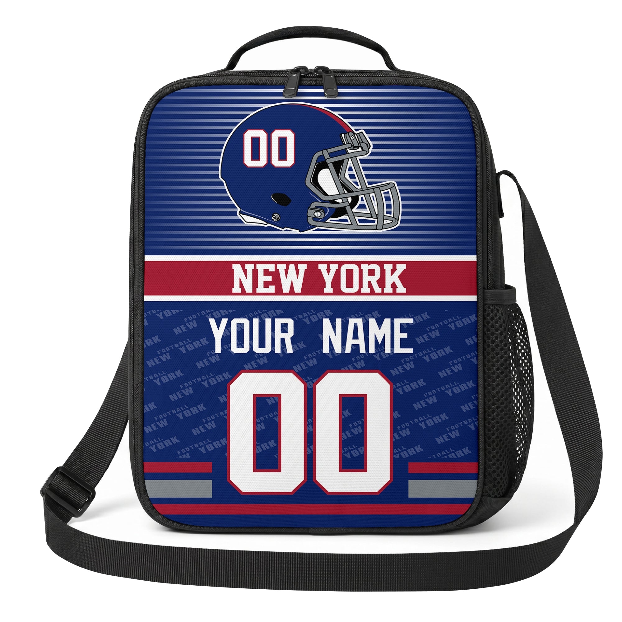 New York blue red and white striped helmet football shoulder bag alternate angled view with side mesh pocket top handle and shoulder strap