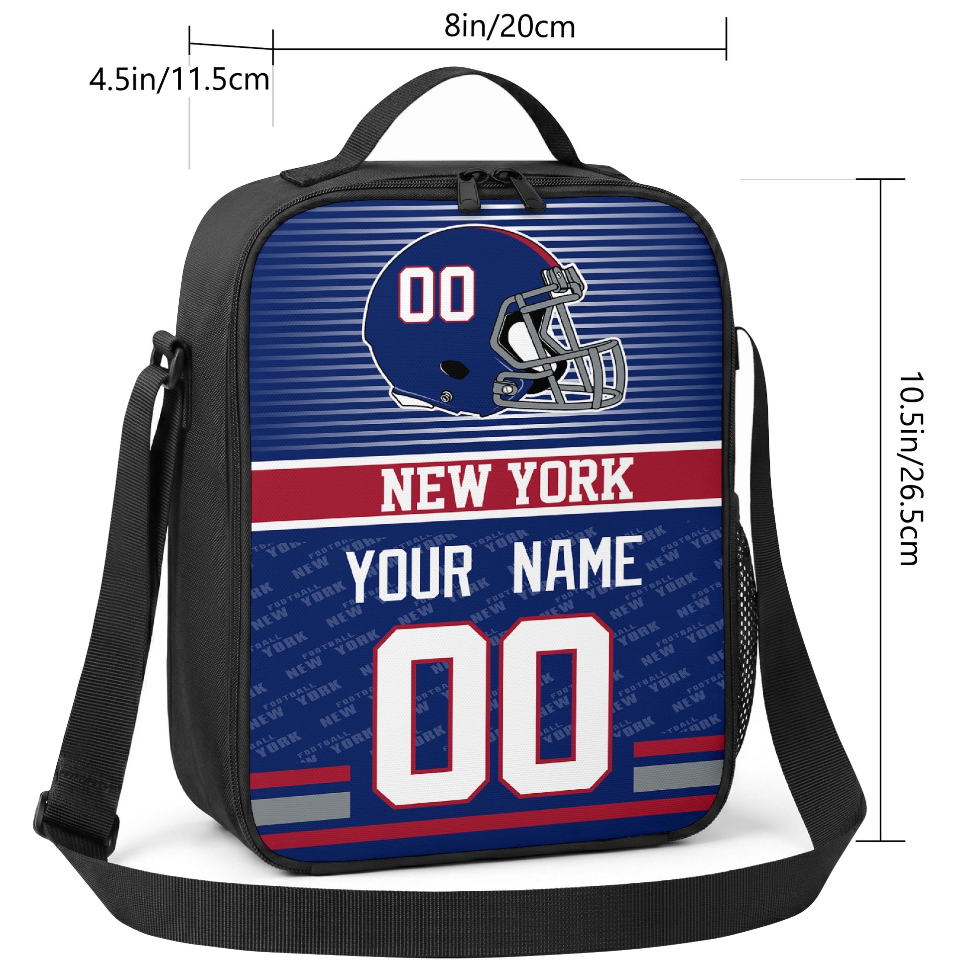New York striped helmet football shoulder bag size guide showing 8 inch width 4.5 inch depth and 10.5 inch height