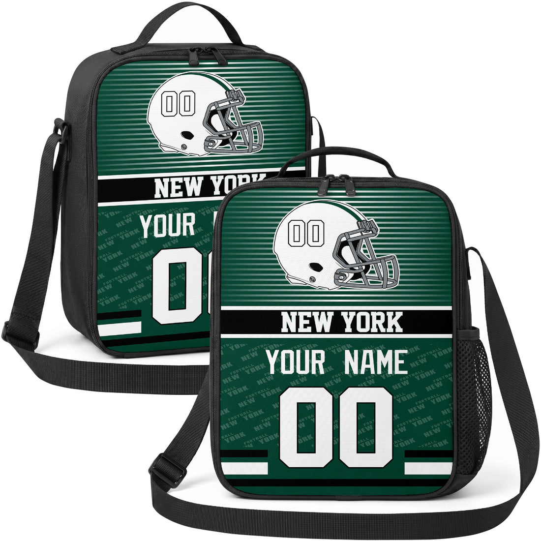 New York personalized striped helmet football shoulder bag in green and white showing front and angled views with custom name and number
