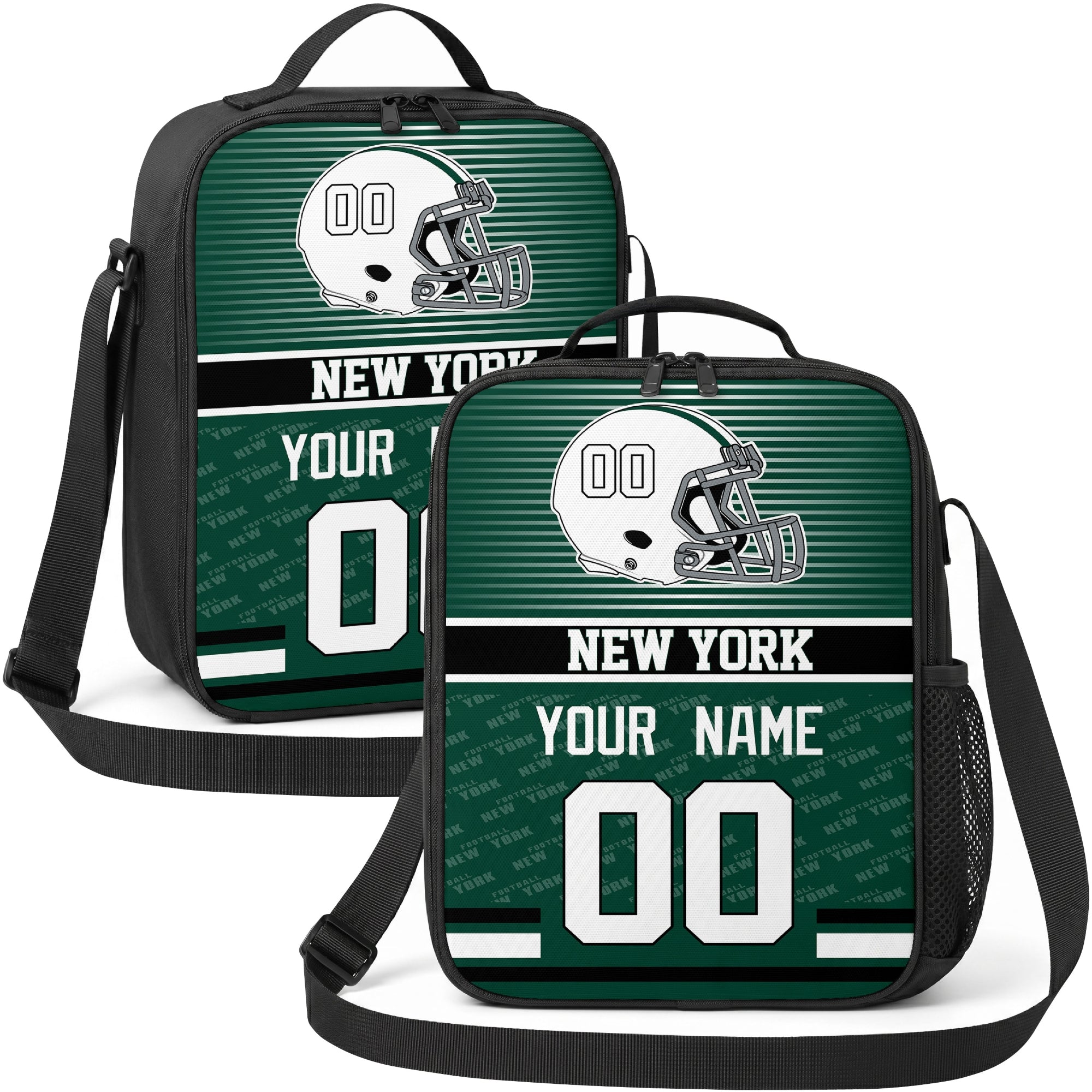 New York personalized striped helmet football shoulder bag in green and white showing front and angled views with custom name and number
