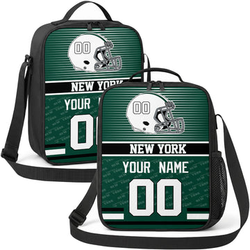 New York personalized striped helmet football shoulder bag in green and white showing front and angled views with custom name and number