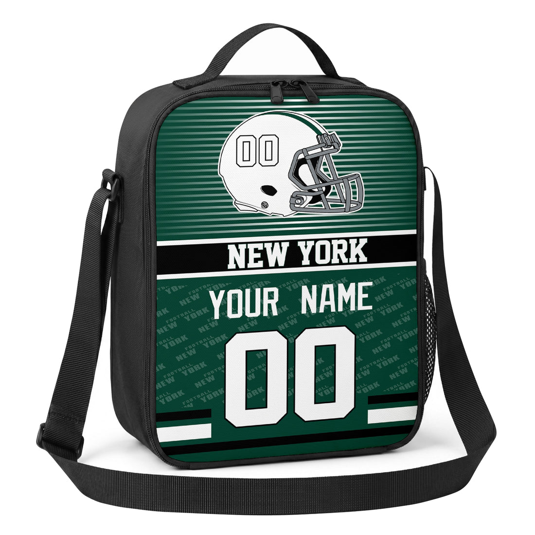 New York personalized striped helmet football shoulder bag in green and white showing front and angled views with custom name and number