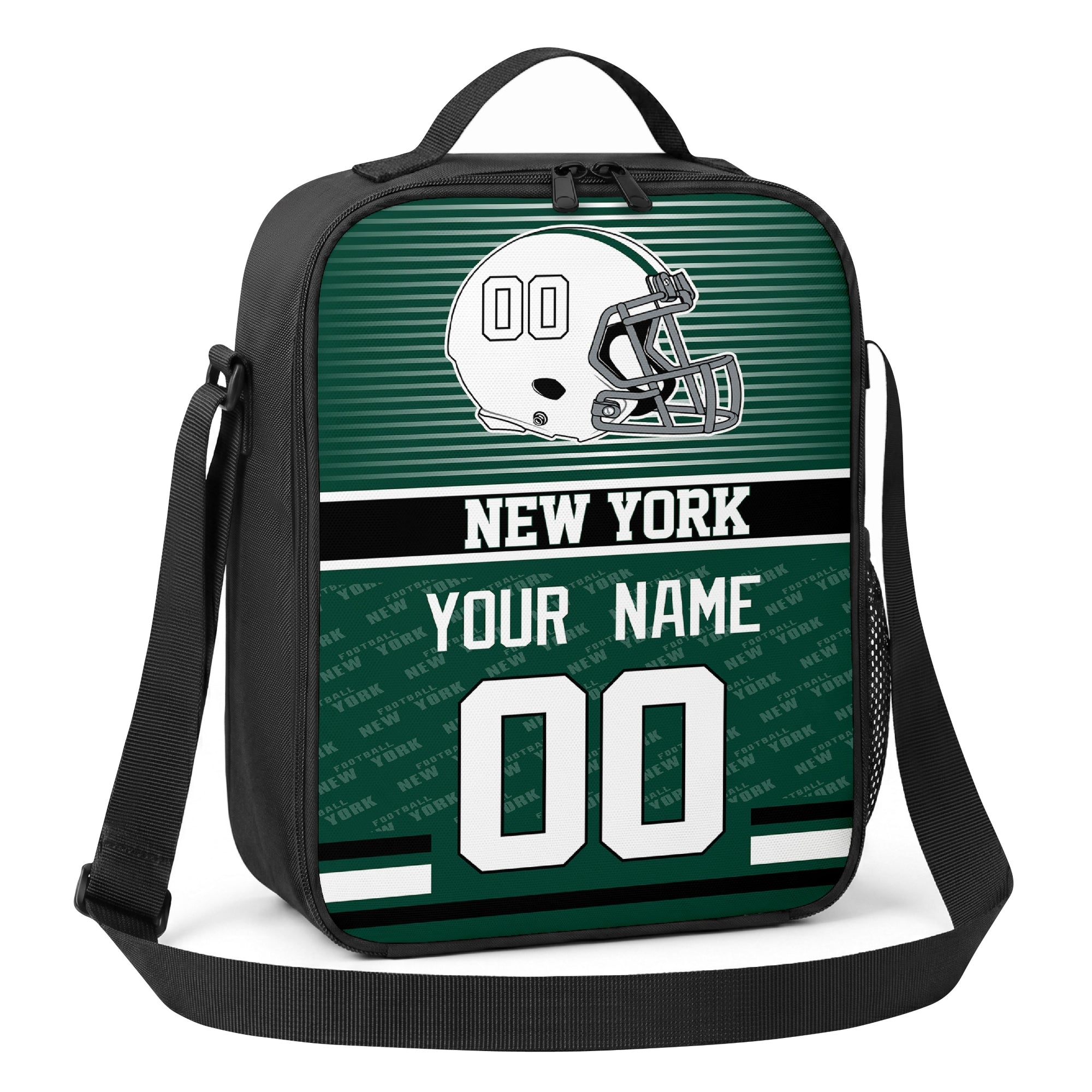 New York green and white striped helmet football shoulder bag angled front view with city stripe and custom name number