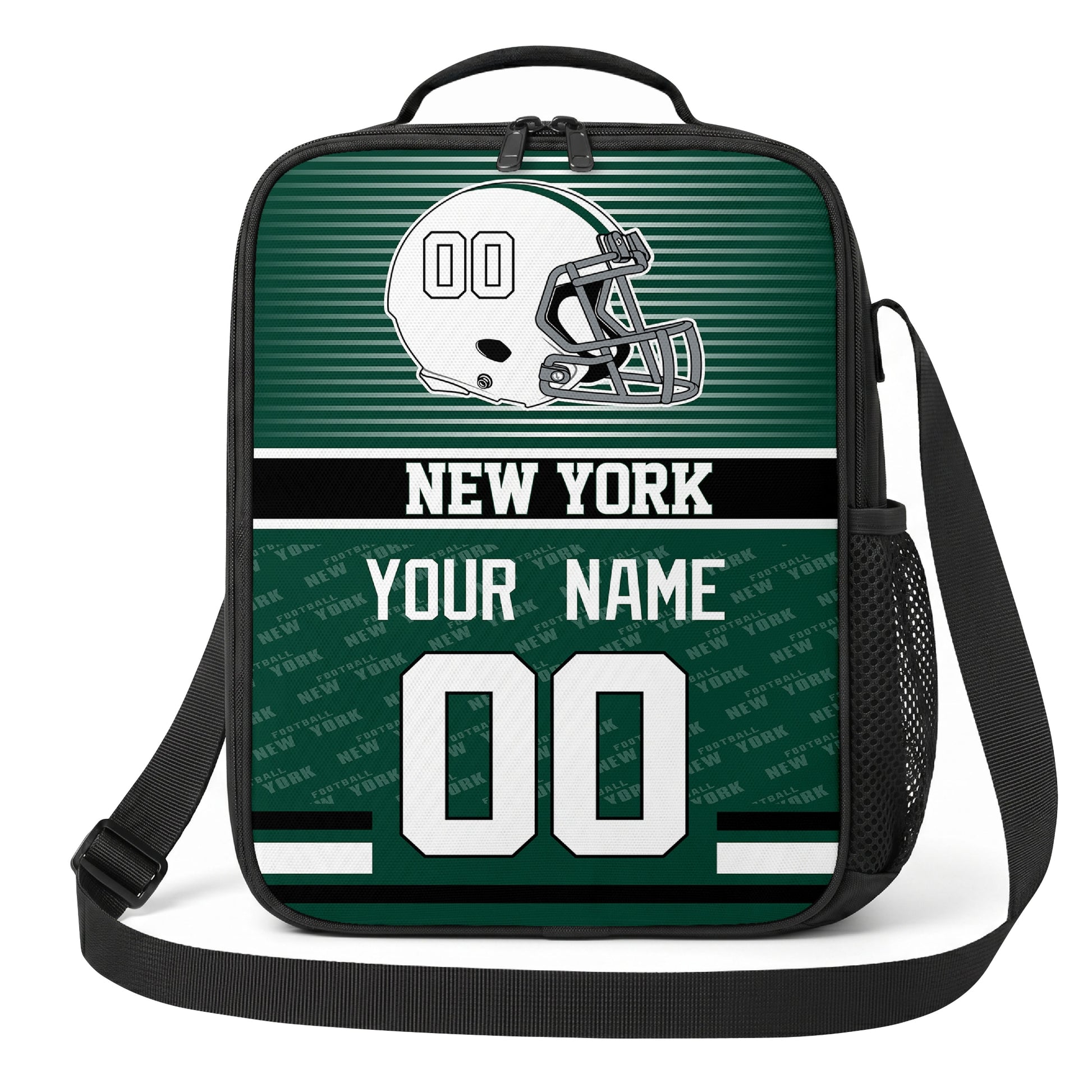 New York green and white striped helmet football shoulder bag alternate angled view with side mesh pocket top handle and shoulder strap