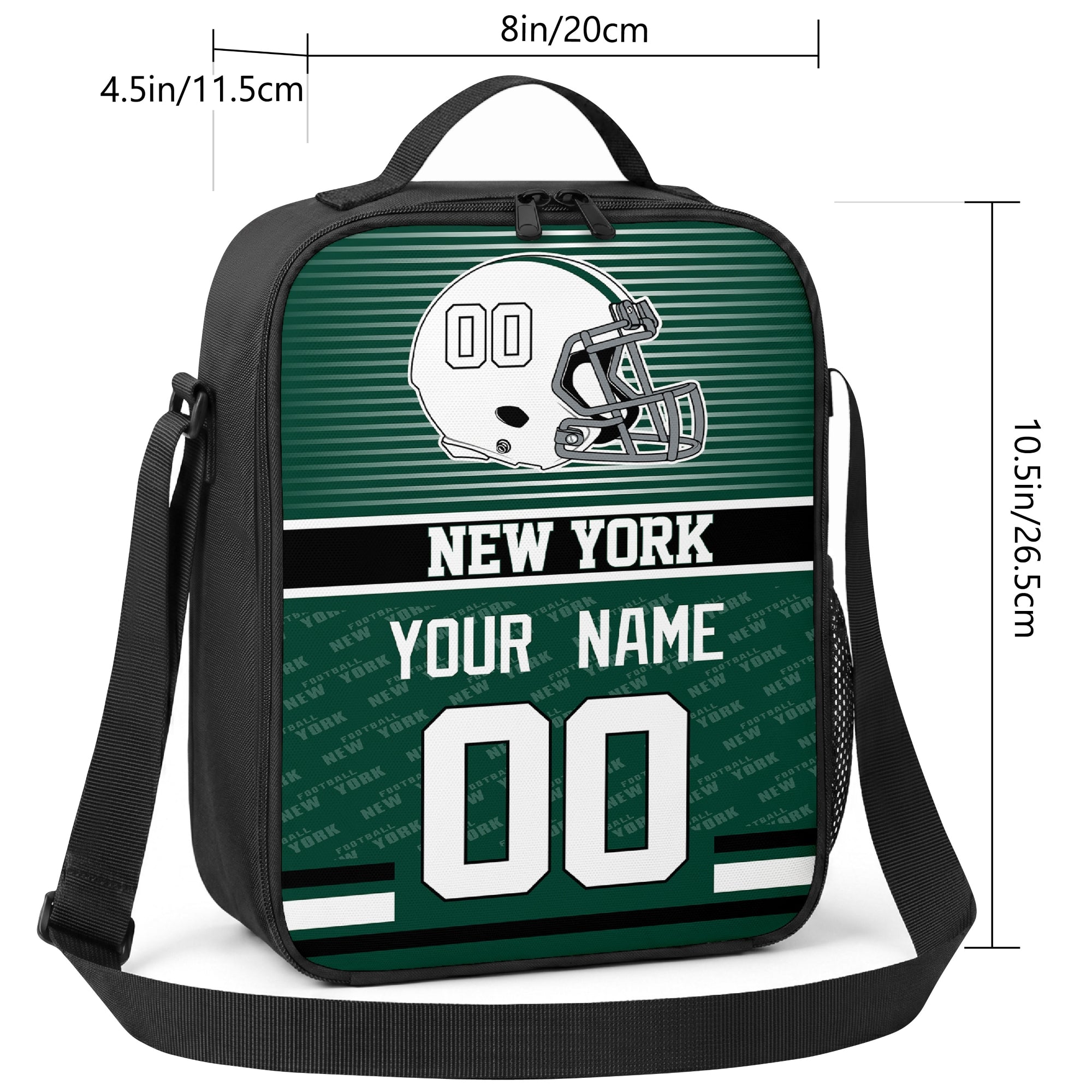 New York striped helmet football shoulder bag size guide showing 8 inch width 4.5 inch depth and 10.5 inch height