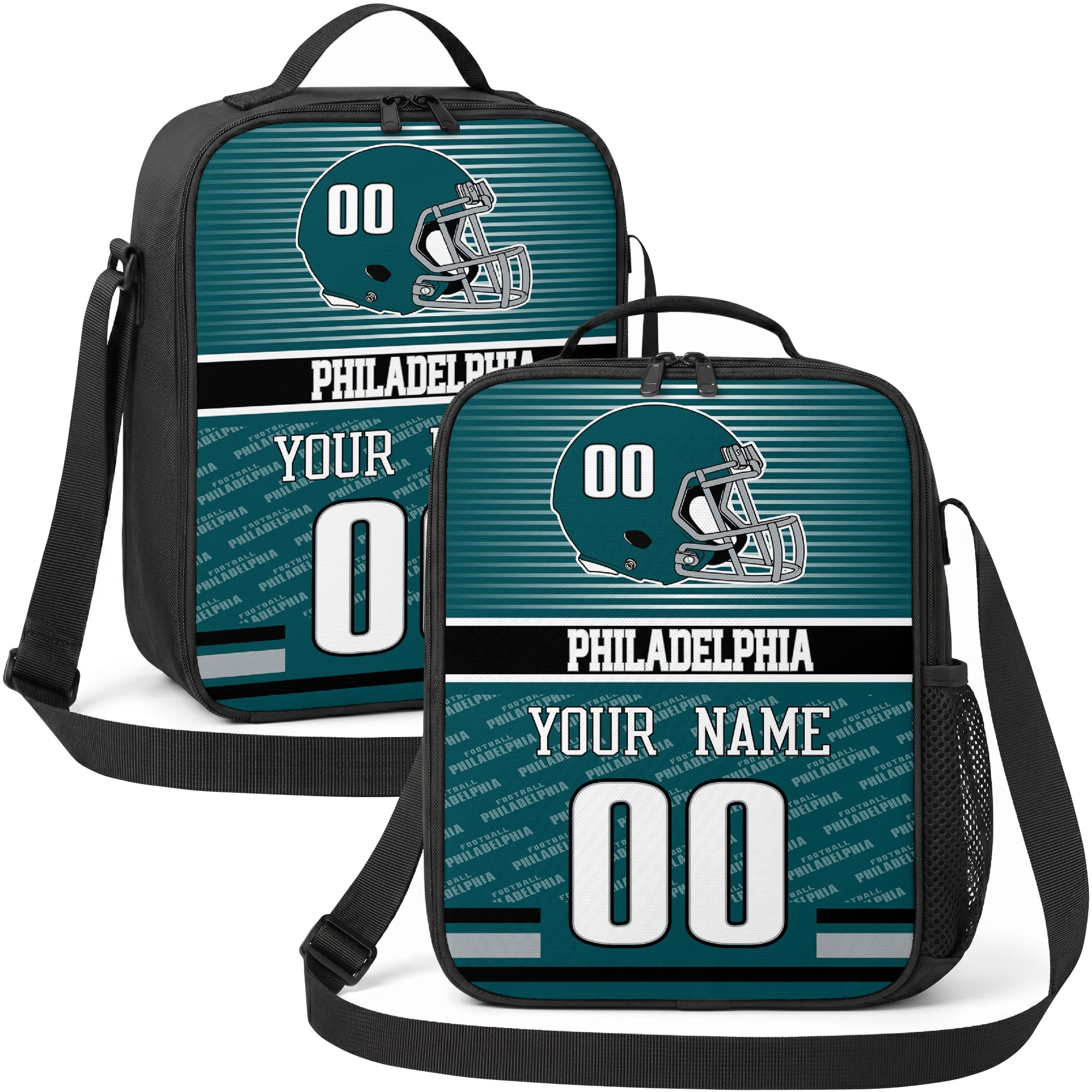 Philadelphia personalized striped helmet football shoulder bag in teal black and white showing front and angled views with custom name and number