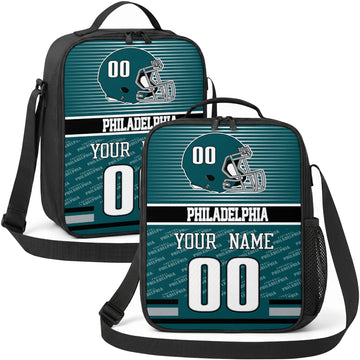 Philadelphia personalized striped helmet football shoulder bag in teal black and white showing front and angled views with custom name and number