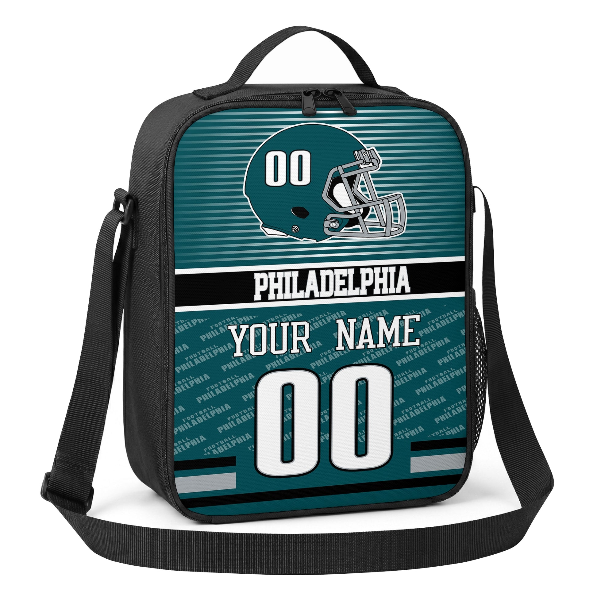 Philadelphia teal black and white striped helmet football shoulder bag angled front view with city stripe and custom name number