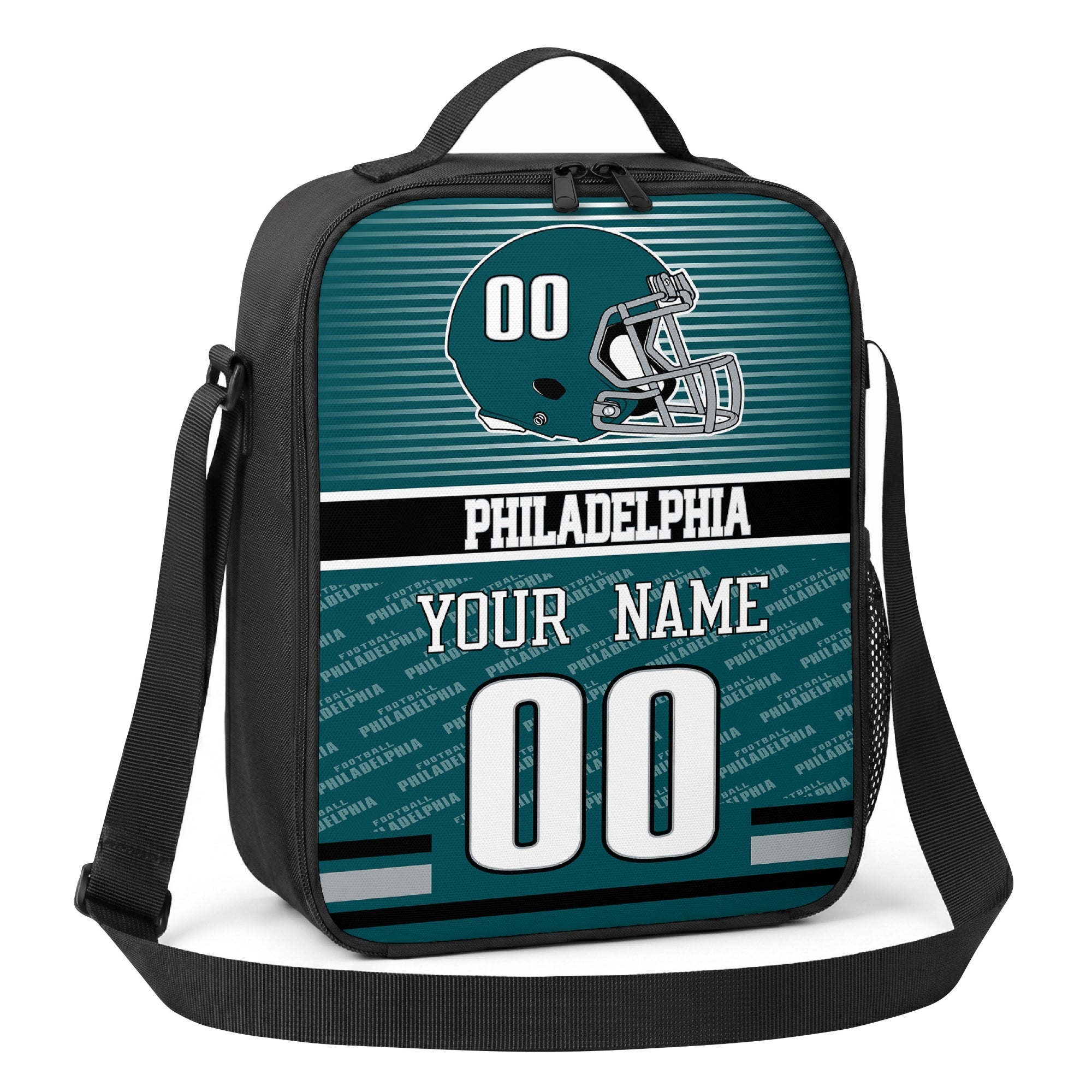 Philadelphia teal black and white striped helmet football shoulder bag angled front view with city stripe and custom name number