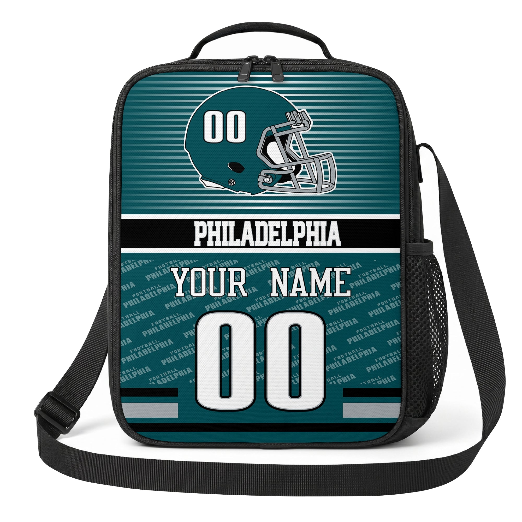 Philadelphia teal black and white striped helmet football shoulder bag alternate angled view with side mesh pocket top handle and shoulder strap