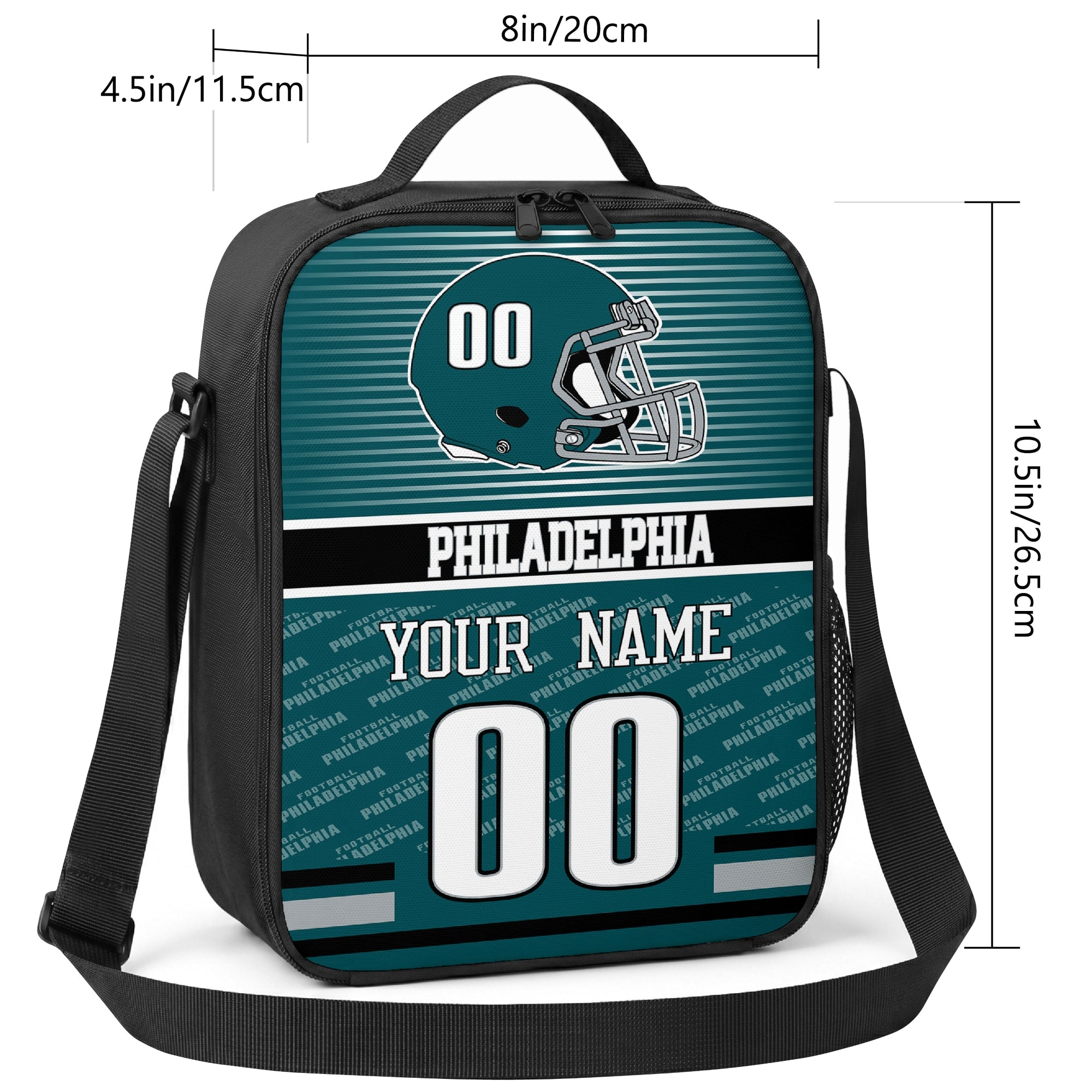 Philadelphia striped helmet football shoulder bag size guide showing 8 inch width 4.5 inch depth and 10.5 inch height