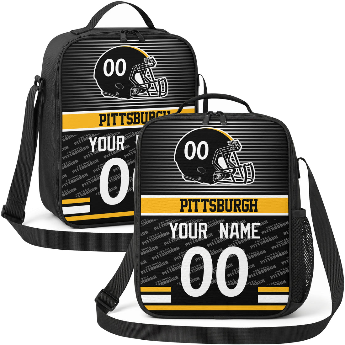 Pittsburgh personalized striped helmet football shoulder bag in black gold and white showing front and angled views with custom name and number