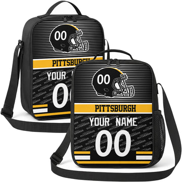 Pittsburgh personalized striped helmet football shoulder bag in black gold and white showing front and angled views with custom name and number