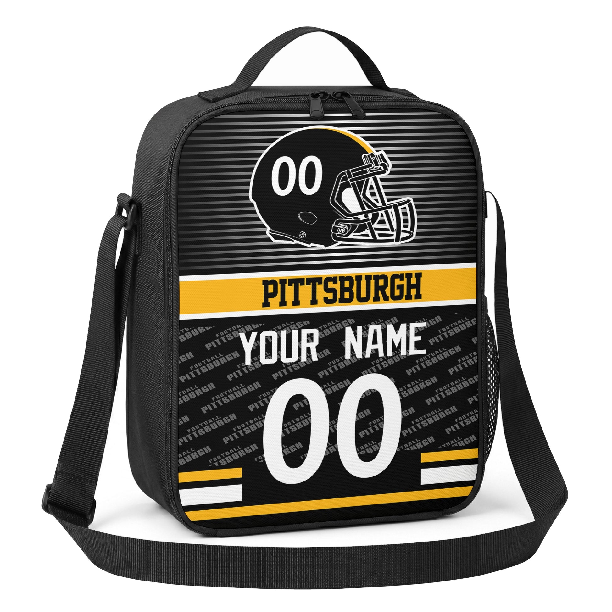 Pittsburgh black gold and white striped helmet football shoulder bag angled front view with city stripe and custom name number