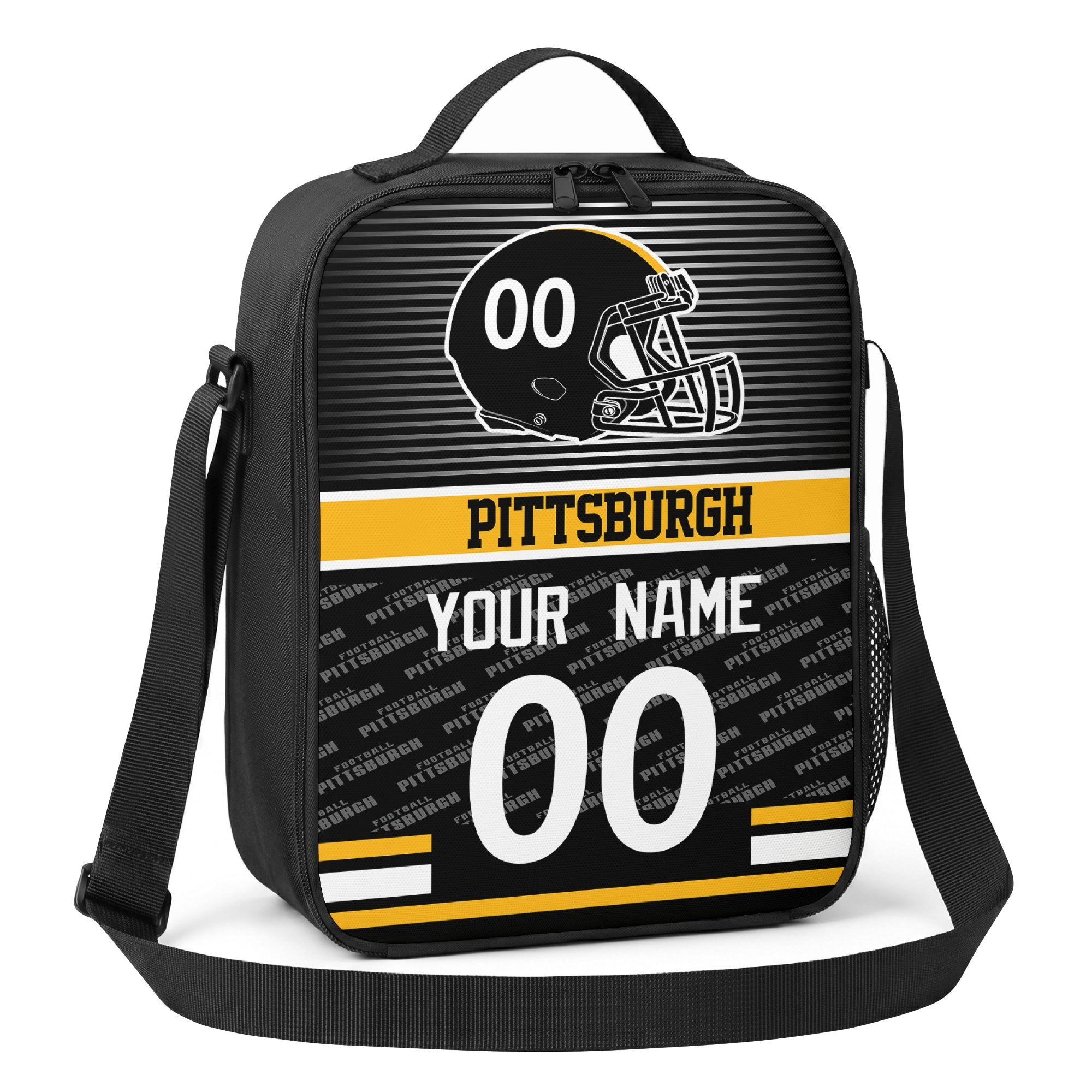 Pittsburgh black gold and white striped helmet football shoulder bag angled front view with city stripe and custom name number