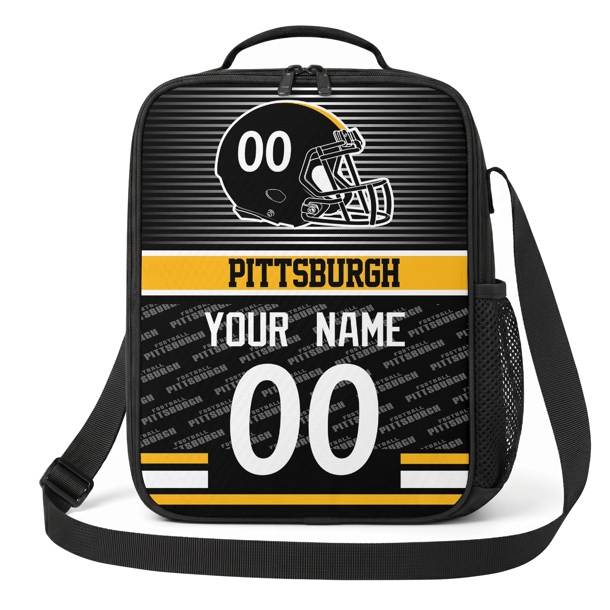 Pittsburgh black gold and white striped helmet football shoulder bag alternate angled view with side mesh pocket top handle and shoulder strap