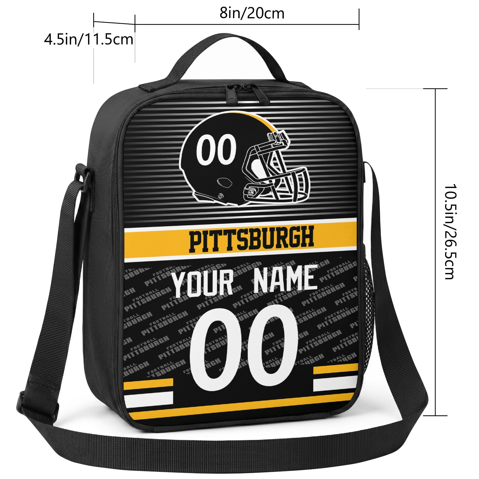 Pittsburgh striped helmet football shoulder bag size guide showing 8 inch width 4.5 inch depth and 10.5 inch height
