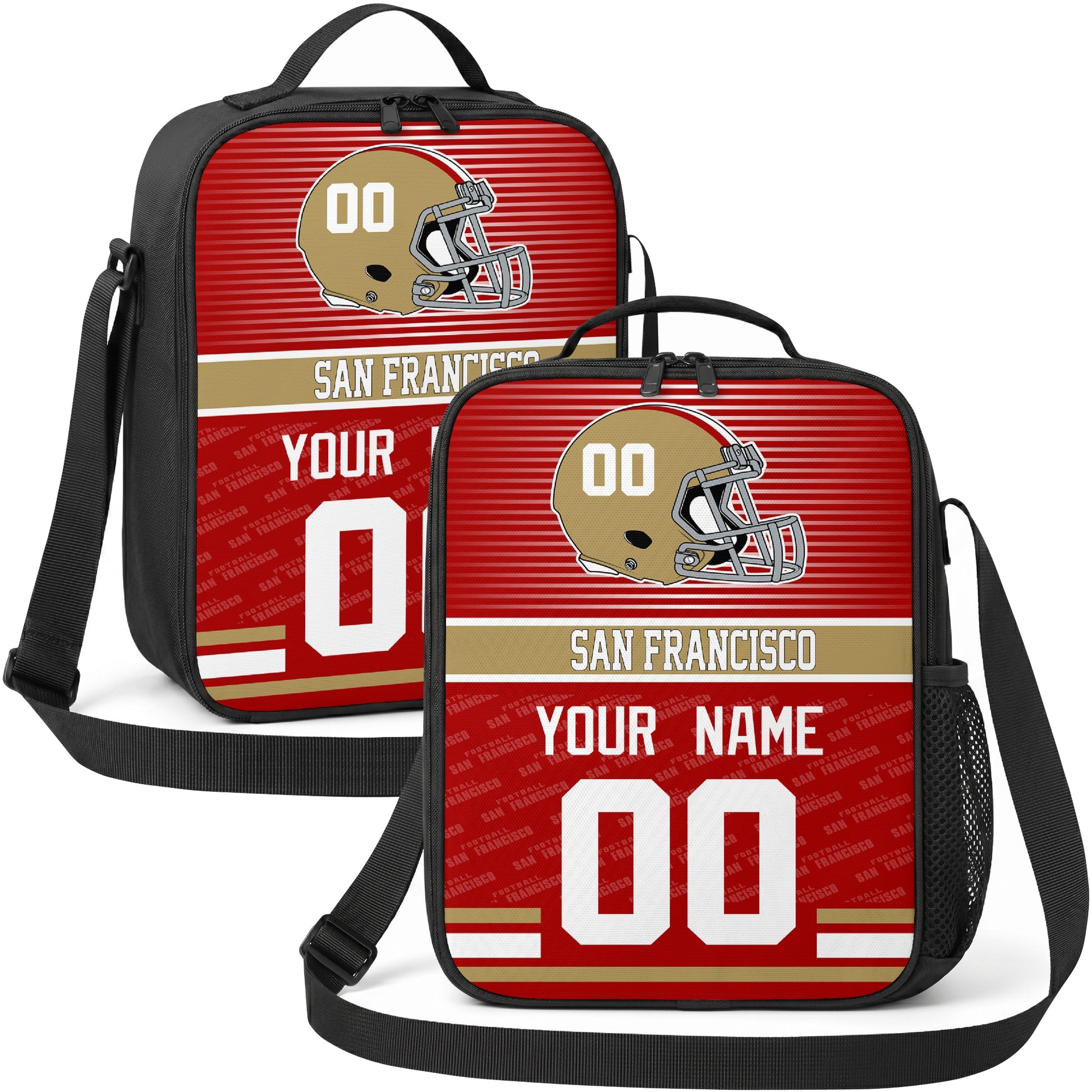 San Francisco personalized striped helmet football shoulder bag in red gold and white showing front and angled views with custom name and number