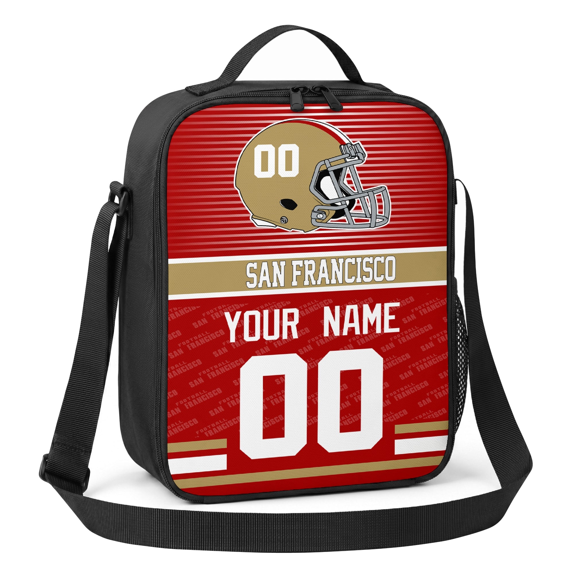 San Francisco red gold and white striped helmet football shoulder bag angled front view with city stripe and custom name number
