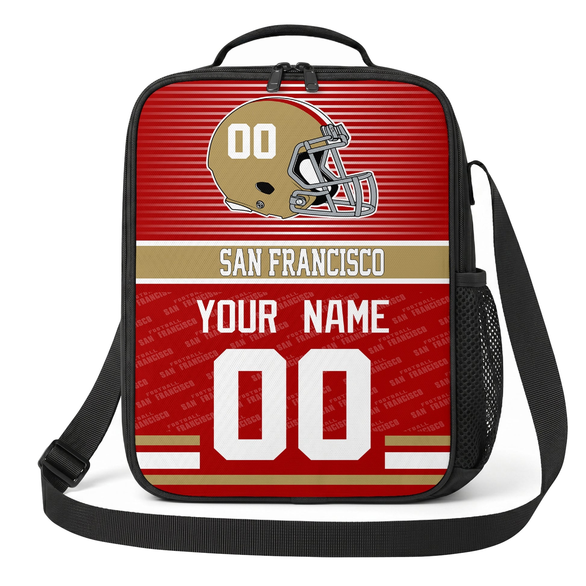 San Francisco red gold and white striped helmet football shoulder bag alternate angled view with side mesh pocket top handle and shoulder strap