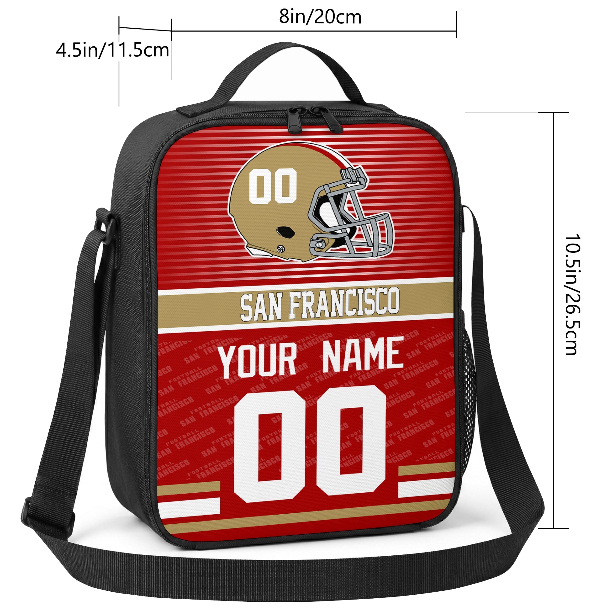 San Francisco striped helmet football shoulder bag size guide showing 8 inch width 4.5 inch depth and 10.5 inch height