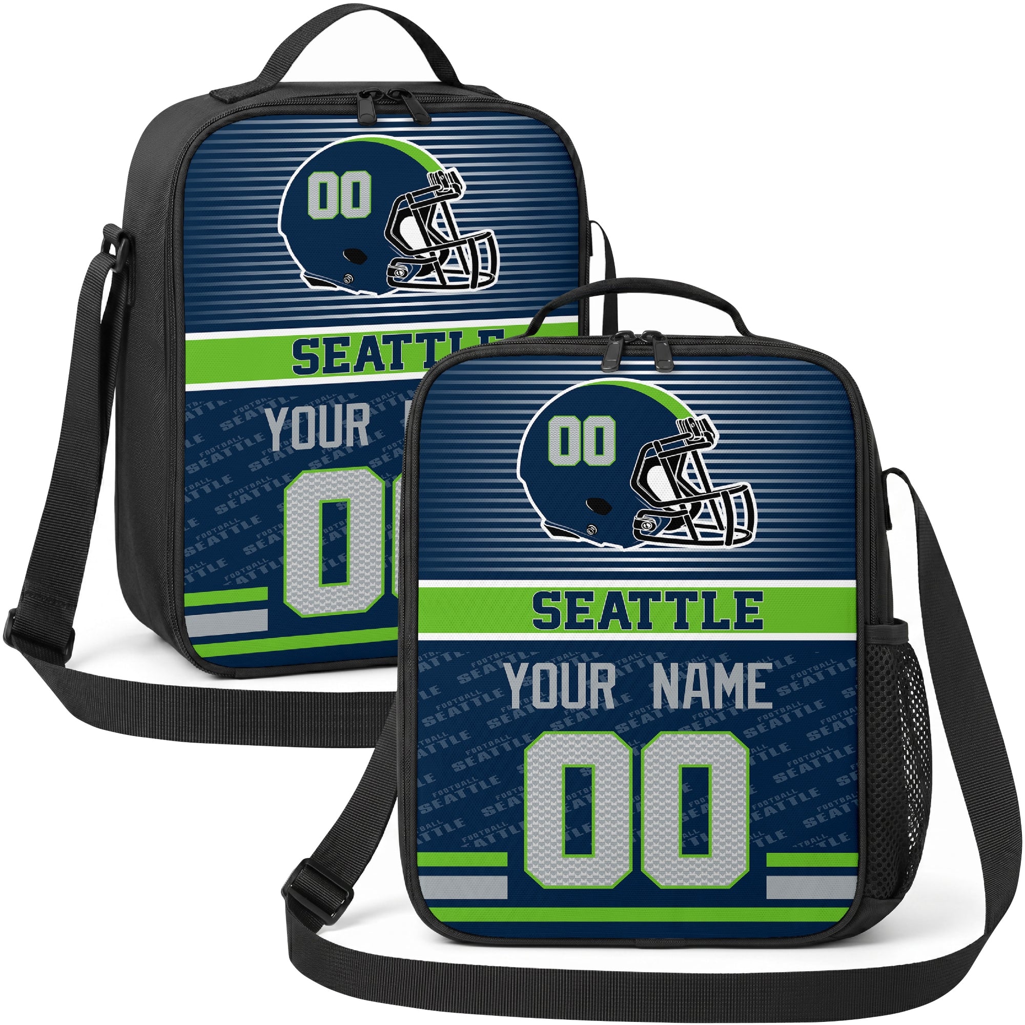 Seattle personalized striped helmet football shoulder bag in navy green and gray showing front and angled views with custom name and number