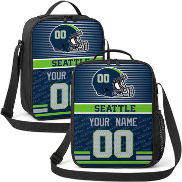 Seattle personalized striped helmet football shoulder bag in navy green and gray showing front and angled views with custom name and number