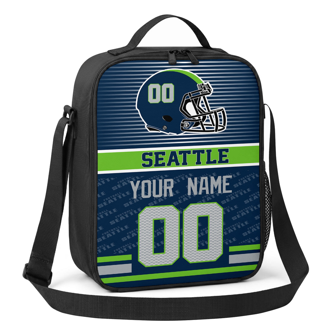 Seattle personalized striped helmet football shoulder bag in navy green and gray showing front and angled views with custom name and number
