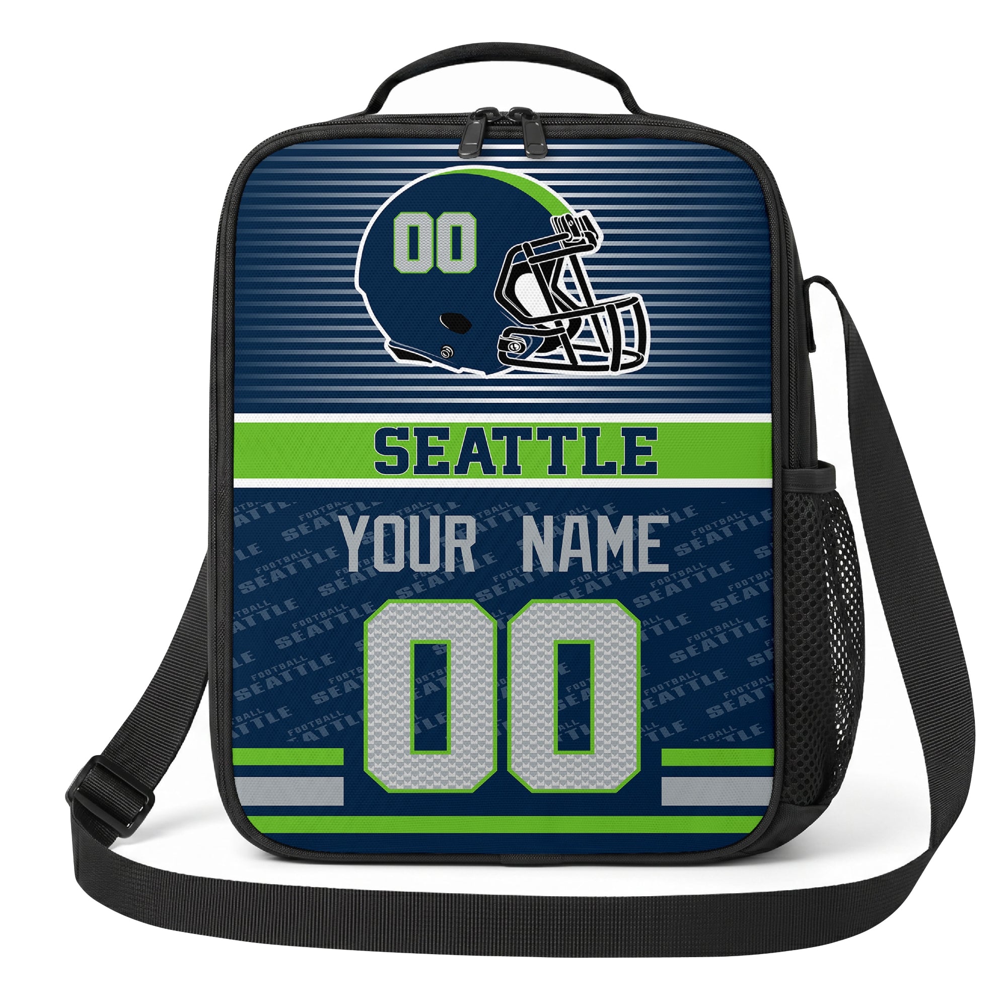 Seattle navy green and gray striped helmet football shoulder bag alternate angled view with side mesh pocket top handle and shoulder strap